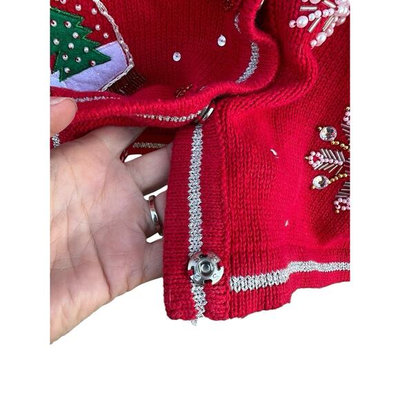 Vintage All Points Christmas Holiday Cardigan Felt Appliques Snow Globes SMALL - Picture 5 of 8